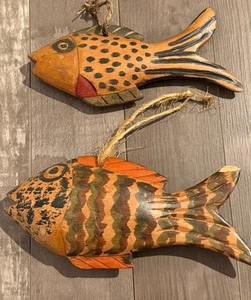 Pair of Hand-Carved Colorful Wooden Fish Quirky Painted Tropical Decor Art - Picture 1 of 4