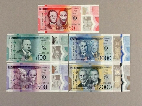 Jamaica 2022 5 Note Set 50 thru 2,000 Dollars P-96 thru P-100 UNC Cover