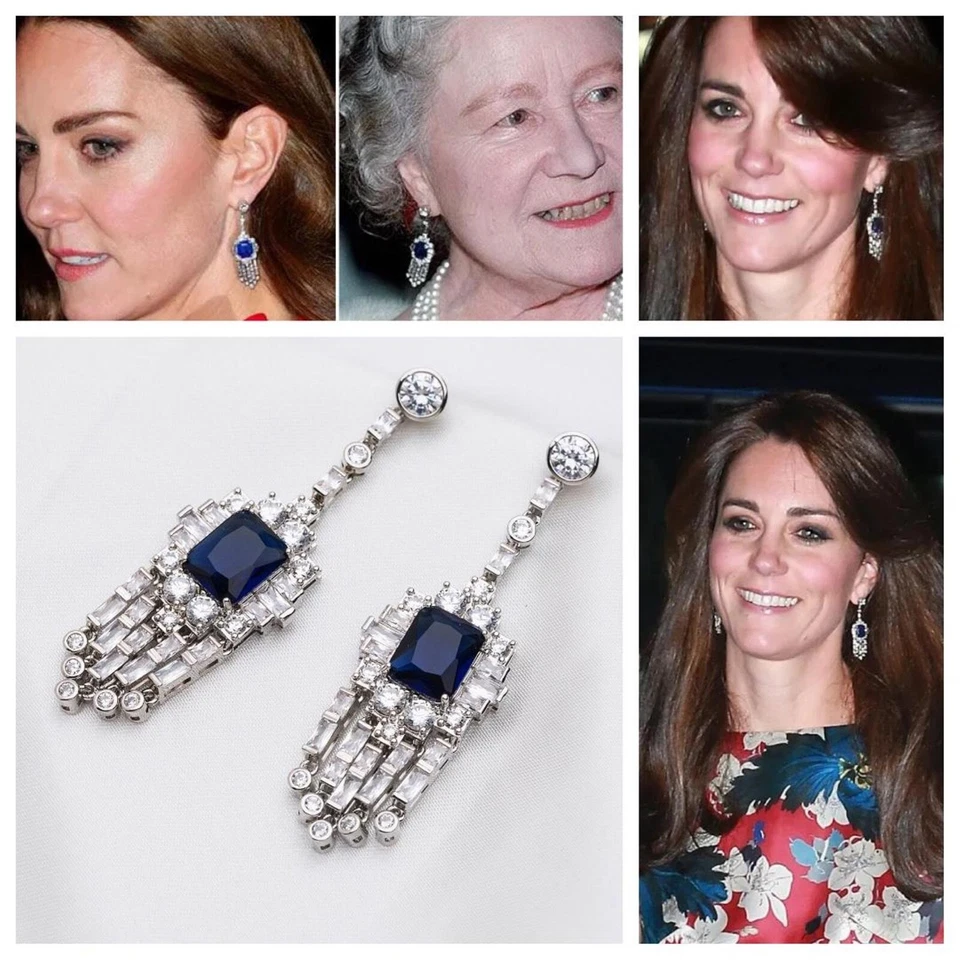 Reale Greville Frangia Goccia Orecchini Con 5A Zircone Cubico e Blu Cristallo - Immagine 1 di 4