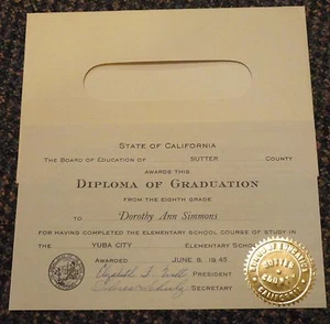 1945 Yuba City California octavo grado diploma para Dorothy Ann Simmons - Imagen 1 de 1