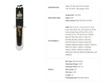 Combo de cadena de barra de 16" para Stihl, 3/8 LP .050 G 55 DL A074 Mt S55 Sabre  Foto 1 de 4