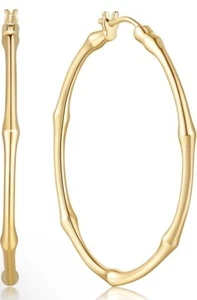 14K Gold Ohrringe Gold Bambus Creolen für Damen 40mm Durchmesser & 3mm Breite - Bild 1 von 18