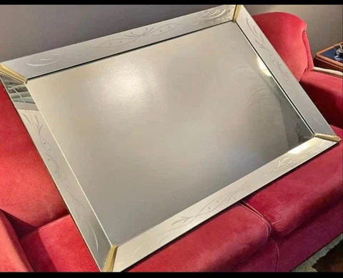 1940s Art Deco Venetian Style Etched Wall Mirror with Brass Finished Corners Cover