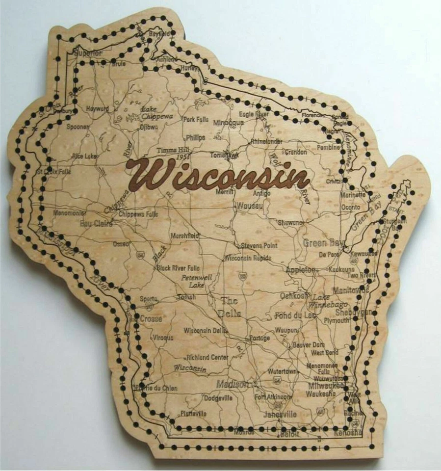 Wisconsin State Shaped Road Map Cribbage Board Two Track - Image 1 of 1
