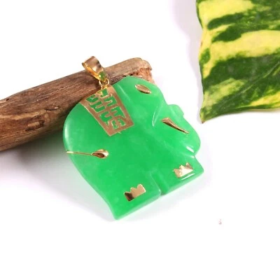 14k Solid Gold Schmuck Natürlich Grüner Jade Edelstein Hand Geschnitzt Elefant - Bild 1 von 4
