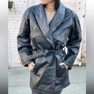 VTG 80’s Patchwork Leather Trench Coat in Black Tie Waist Sz Extra Large - Picture 1 of 14