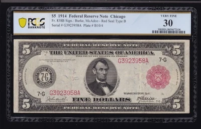 US 1914 $5 FRN Chicago Red Seal Note FR 838b PCGS 30 VF (958) - Image 1 of 2