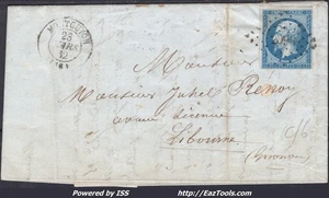 FRANCE N°14B SUR LETTRE PC 2098 MONTGUYON CHARENTE INF + CAD DU 23/03/1862 - Picture 1 of 2