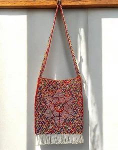 Vintage Mod Beaded Bag Hong Kong Red Star Starburst Crossbody Purse Fringe AS IS - Picture 1 of 24