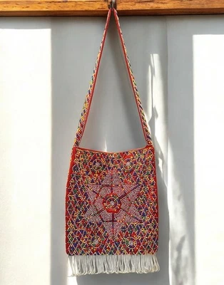 Vintage Mod Beaded Bag Hong Kong Red Star Starburst Crossbody Purse Fringe AS IS - Image 1 of 4