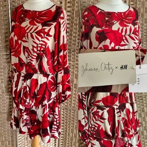 BNWT JOHANNA ORTIZ x H&M Red Taupe Floral RUFFLED Tiered Dress UK 16 L38” ARTY - Picture 1 of 18