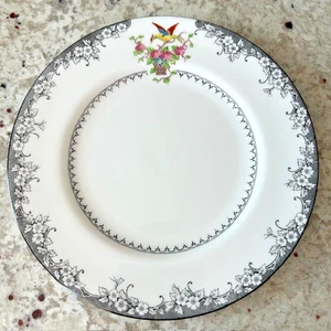 Crown Staffordshire England Floral Basket Bird Black 5 Plates 8” circa pre 1940 - Picture 1 of 2