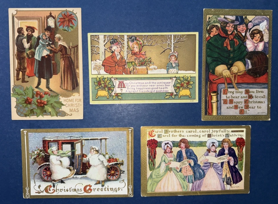 5 bonitas postales antiguas de Navidad para damas y familias. EMB. Oro. Colorido. Foto 1 de 4