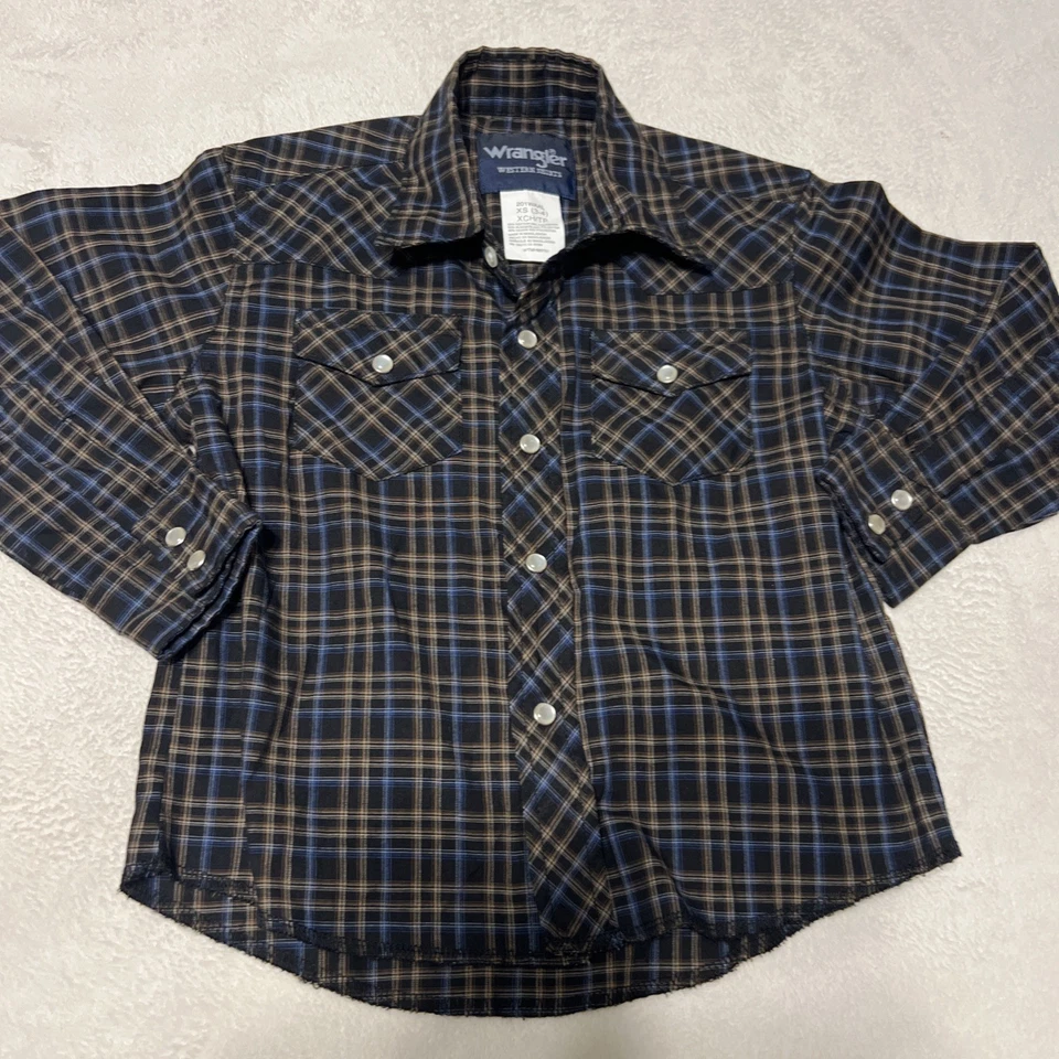 WRANGLER 西部蓝色格子珍珠扣衬衫 男孩 XS 3-4 牛仔牛仔牛仔牛仔牛仔牛仔竞技 — 第 1/4 张图片