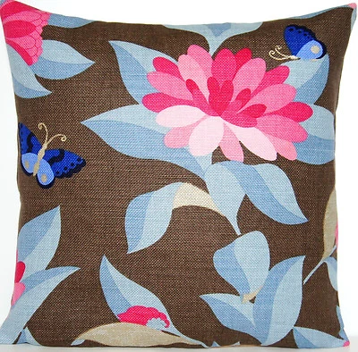 Floral Cushion Cover Flowers Butterflies Blue Pink Toffee Brown Osborne & Little - Image 1 of 3