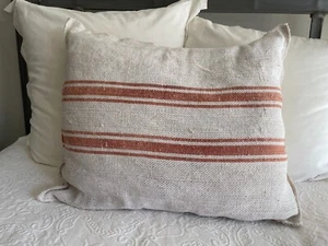 Pillow Cover Linen French Stripe Herringbone Weave Raw Edge Natural Red 20x24 - Picture 1 of 6