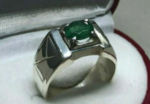 Natural Sawat Rich Green Emerald Sterling Silver 925 Handmade Zamurd Mens Ring - Picture 1 of 12