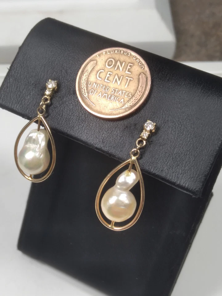 Estate Find 14K Gold Baroque Fireball Pearl and Diamond Dangle Earrings - Image 1 of 4