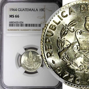 GUATEMALA Silver 1964 10 Centavos NGC MS66 GEM BU LUSTER KEY DATE KM# 262 (024) - Picture 1 of 5