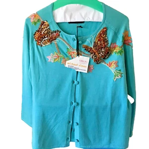 MICHAEL SIMON “SAMPLE” 1 ONLY-REAL STONES BEADS BUTTERFLIES EMBROID CARDIGAN S - Picture 1 of 9