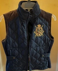 Ralph Lauren quilted vest black w/brown suede patches riding club crest Small/S - Picture 1 of 4