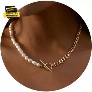 Dainty Pearl Necklaces for Women 14K Gold/Silver Plated OT Clasp Pearl Necklace - Picture 1 of 6