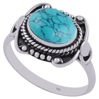 Anello In Argento Sterling 925 Fatti A Mano Forma Ovale Pietra Preziosa Turchese - Immagine 1 di 4