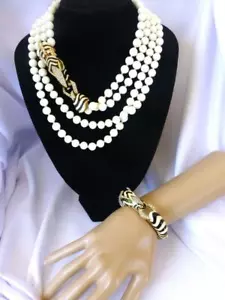 STUNNING! Vintage CINER Rhinestone & Enamel Zebra Clamp Bracelet & Necklace Set - Picture 1 of 11