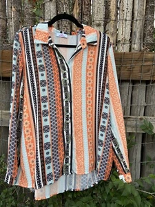 Women’s XL Shirt Retro Vibe Abstract Design Orange Turquoise Button Up Fun - Picture 1 of 8