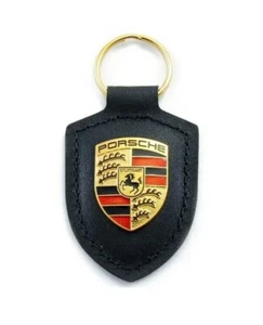 New Authentic Genuine Porsche Crest Black Leather Keychain Ring Fob WAP0500900E - Picture 1 of 5
