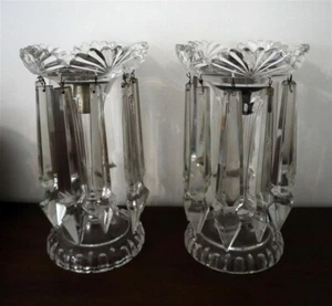 Pair Victorian 11" Mantle Lusters Clear Cut Glass Fan Design with 8" Drops - Picture 1 of 8