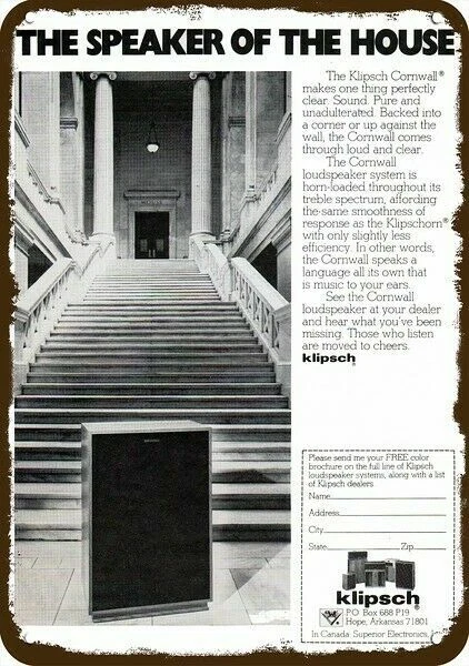 1979 KLIPSCH CORNWALL Speaker Of House Vintge-Look DECORATIVE REPLICA METAL SIGN - Image 1 of 1