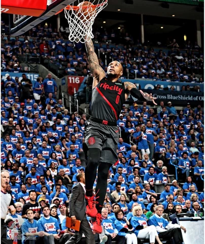 Damian Lillard Portland Trailblazers Unsigned Dunk over Jamal Murray Photograph Cover