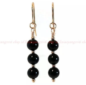 Black Onyx Earrings with Gold Hooks and Drops, 8mm Round Gemstone Beads - Picture 1 of 6