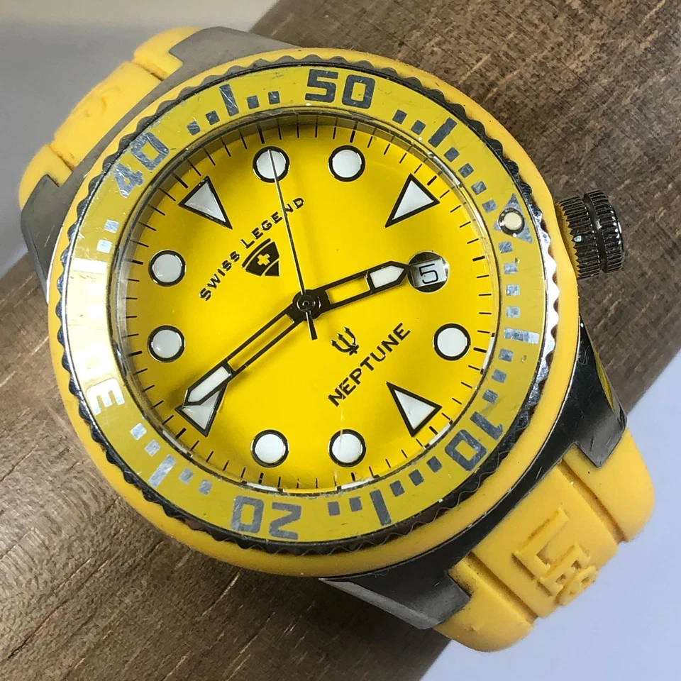 Reloj Swiss Legend Neptuno Unisex Fecha Amarillo Goma Cuarzo 43mm 7 1/2" Foto 1 de 4