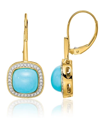 14K Solid Yellow Gold Turquoise Diamond Dangle Earrings - Image 1 of 4