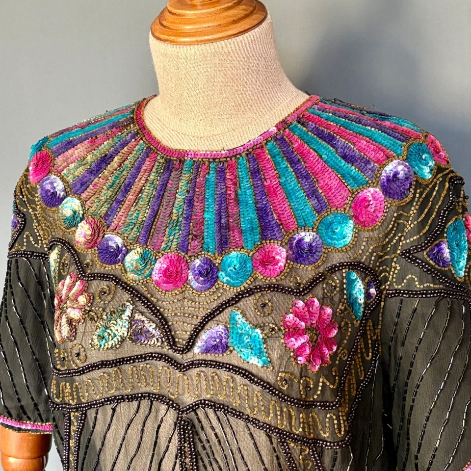 Блузка Leslie Fay Evenings с блестками и бисером | средний размер | винтаж 1980-х 100% шелк - Изображение 1 из 4