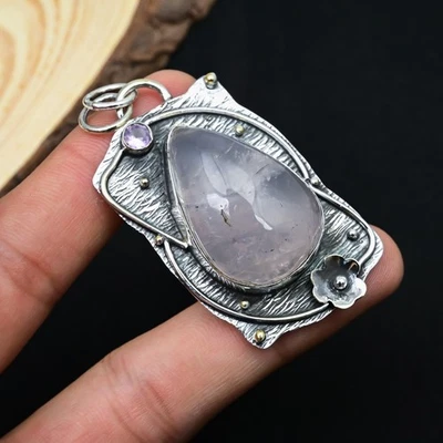 Natural Rose Quartz Gemstone Pendant 925 Sterling Silver Handmade Jewelry 2.27" - Image 1 of 4