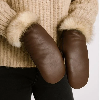 Guantes de cuero marrón de lujo para mujer con ribete de piel real cálidos moda de invierno Foto 1 de 4