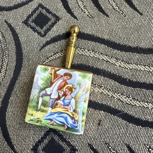 Vintage Snuff Box Pill Box Brass with Handle Porcelain Lid Victorian Couple - Picture 1 of 9