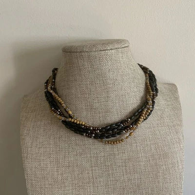 Modern Napier plastic glass wood bead brown beaded mulstirand necklace  - Image 1 of 4