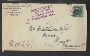 USA 1898 REGISTERED ADVERTISING COVER 10c WEBSTER STAMP CHICAGO-PLYMOUTH MA. - Picture 1 of 2