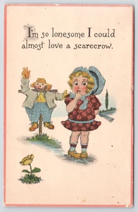 I'm So Lonesome I Could Almost Love a Jack O Lantern Scarecrow JOL Postcard Girl - Picture 1 of 6