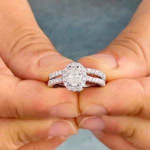 14k White Gold Oval Cut Moissanite Natural Diamond Engagement Ring and Band 1.80 - Picture 1 of 11