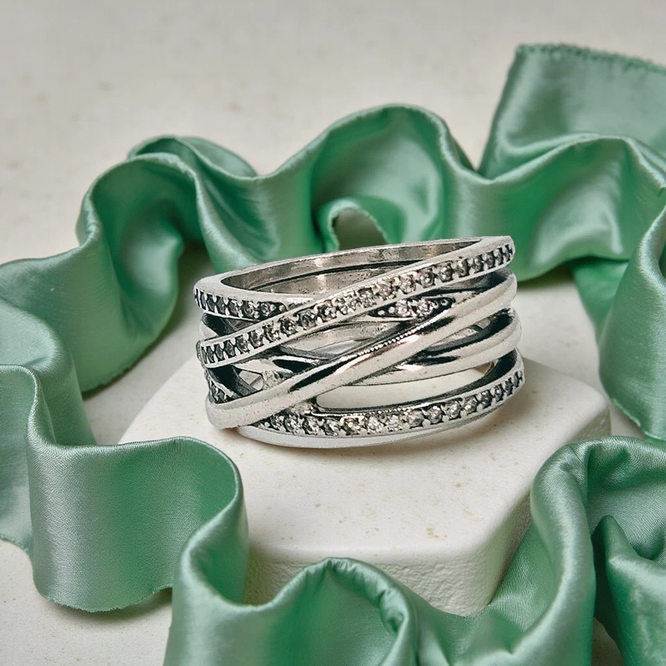 Anillo Líneas Brillantes y Pulidas, Anillo Cruzado de Plata, Regalo Joyería Declaración Foto 1 de 4