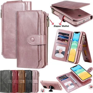 For iPhone 12 13 14 15 16 Pro Max XR Magnetic Removable Zipper Wallet Case Cover - Picture 1 of 48
