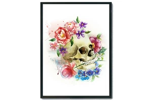 Sugar Skull Druck, Aquarell Sugar Skull mit Blumen Wanddruck, Wohndeko - Bild 1 von 3