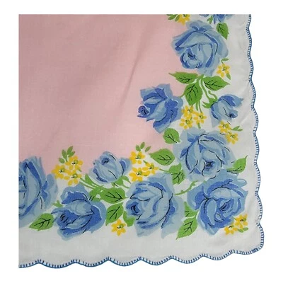 Pañuelo Vintage Rosas Azules con Borde Festoneado Central Rosa 11" Boho Hanky  Foto 1 de 4