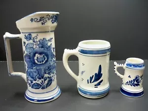 2 tazze e tankard porcellana bianca e blu delto dipinti a mano 3 pezzi vintage - Foto 1 di 14