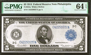 1914 $5 PHILADELPHIA FEDERAL RESERVE NOTE ~ CHOICE UNCIRCULATED ~ PMG 64 EPQ